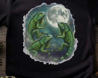 Moonlit Iguana Trio Graphic T Shirt, Three Iguanas Full Moon Tshirt, Mystical Reptile Garment Dyed Tee, Celestial Lizard Lover Top