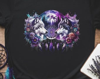 T-shirt Mystic Wolf Moon, Purple Galaxy Dreamcatcher Wolves-T-shirt, Boho Spiritual Wolf Top, Floral Moon Graphic T-shirt, Cadeau natuurliefhebber