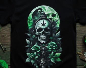 T-shirt schedel cannabisblad, Green Rose Moon Gothic T-shirt, donkere bloemen marihuana top, grafische tshirt wiet schedel, stoner uniseks cadeau