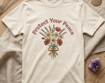 T-shirt Protect Your Peace – T-shirt 1717 couleurs confortables, chemise avec citation florale en fausse broderie, cadeau de soins personnels, haut bohème vintage