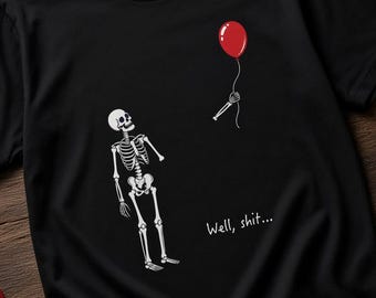 T-shirt met skelet en rode ballon, grappige zwarte humor, sarcastisch Halloween-cadeau, zwart katoenen shirt in comfortabele kleuren, gothic unisex shirt
