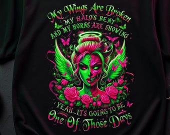 Mijn vleugels zijn gebroken, gotisch engel-demon grafisch T-shirt, halo hoorns schedel vlinder unisex T-shirt, One Of Those Days tanktop, cadeau met zwarte humor