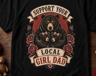 T-shirt met afbeelding van een vader, beer en welpen, vintage rozen tattoo-stijl, geverfd zwaar katoenen shirt, Vaderdagcadeau van dochter