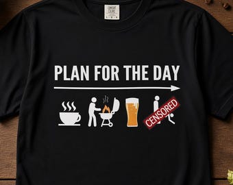 Grappig T-shirt met de tekst "Plan voor de dag: koffie, bier, barbecue", sarcastisch T-shirt met een afbeelding van een vader die aan het grillen is, humoristisch cadeau voor je man (zwart, geverfd, relaxed model).