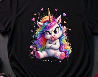 Grumpy Sassy Rainbow Unicorn kindershirt, schattig en grappig T-shirt met print, kleurrijke haarprint, ronde hals, unisex top, verjaardagscadeau voor tieners