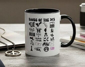 Tasse à café Groupes des années 70 - Tasse puzzle musique rock rétro, cadeau d'anecdotes groupe classique des années 1970, tasse nostalgique pour mélomane