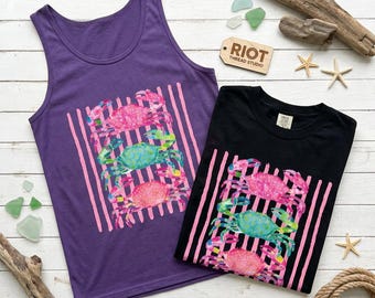 Colorful Watercolor Crab Shirt Pink Stripes Preppy Coastal Grandmother Tee Beach Vacation Gift Unisex Garment-Dyed T-shirt Or Tank Top