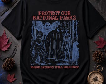 T-shirt met Bigfoot Sasquatch-afbeelding uit het Nationaal Park, vintage T-shirt met afbeelding van een boswachter (ook wel bekend als Cryptid Forest Ranger), zware, geverfde top voor dames en heren, ideaal als cadeau voor kamperen en wandelen.