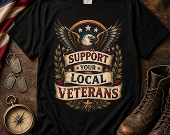 Steun je lokale veteranen T-shirt, Vintage Eagle Patriotic Americana T-shirt, Kledinggeverfd Retro Militair Eerbetoon Top, 4 juli Vrijheidscadeau