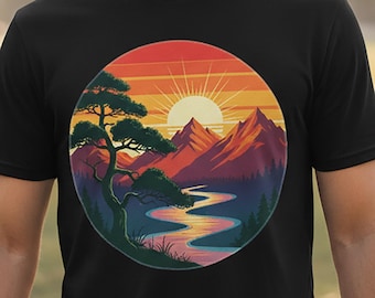 Sunset Mountain River Landscape T-shirt | Retro Circle Nature Tee