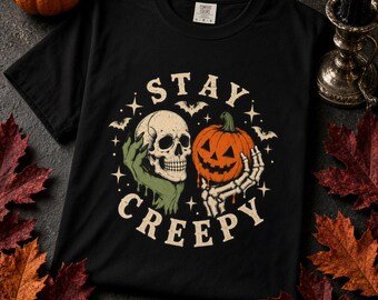 Stay Creepy Skull Pumpkin T-shirt, Halloween Spooky Vintage Graphic T-shirt, Skeletthand Jack O'Lantern T-shirt, Retro Garment Infärgad Topp