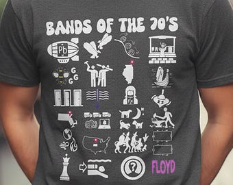 -shirt Groupes des années 70 | T-shirt Comfort Colors 1717 | Chemise de puzzle de musique rétro | Cadeau pour les fans de rock classique | Haut de jeu de devinettes avec orchestre des années 70