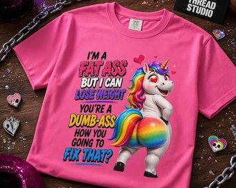 Grappig regenboog eenhoorn T-shirt met sarcastische tekst, brutaal T-shirt met humoristische print voor vrouwen met rondingen, roze top met grap over gewichtsverlies, origineel cadeau, verjaardagscadeau