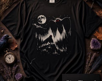 Mothman Cryptid Full Moon Night Forest T-shirt, Gothic Horror Skull Graphic Tee, Comfort Colors Garment Dyeed Unisex Top, Halloween Cadeau