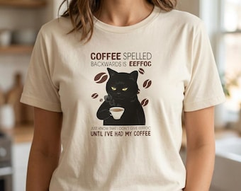 Chemise drôle de chat café, t-shirt chat noir grincheux, chemise I Don't Give Eeffoc, couleurs confort 1717, cadeau introverti pour amateur de café, chat sarcastique