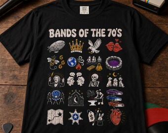 70s Rock Band Puzzle Graphic Tee, Retro Vinyl Era Trivia T Shirt, Vintage Classic Icons Novelty Top, Black Garment Dyed Unisex Concert Gift