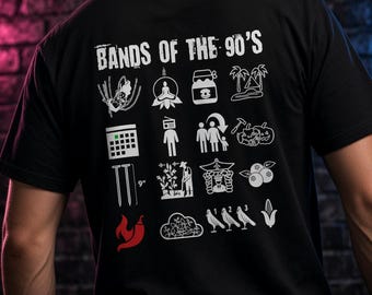 T-shirt met bands uit de jaren 90 | Grafisch T-shirt met muziekiconen uit de jaren 90 - Bedrukt op de achterkant