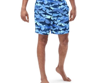 SHARK-FILLED WATERS Designer Swim Trunks for Pool, Beach, or Spa