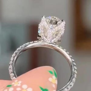 4 CT Oval Moissanite Engagement Ring White Gold Platinum Hidden Halo Thin Band Split Claw Prongs Solitaire Wedding Anniversary Gift