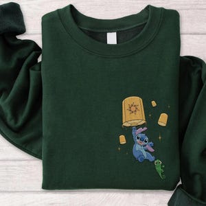 Disney Stitch and Pascal Lantern Embroidered Crewneck, Lilo and Stitch Tangled Crossover Apparel, Disney Trip 2026 Rapunzel Movie Fan Gift