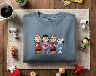Peanuts Snoopy Charlie Brown Love Embroidered Crewneck, Lucy Linus Valentine Apparel, Retro Cartoon Fan Gift, Cute Friendship Sweatshirt Top