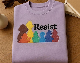 Resist Sesame Street Rainbow Silhouette Embroidered Crewneck, Elmo Big Bird Cookie Monster Apparel, Retro 90s Cartoon Fan Equality Gift Top