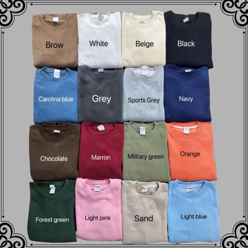 Puede incluir: Una colecci&oacute;n de sudaderas de cuello redondo en varios colores: marr&oacute;n, blanco, beige, negro, azul Carolina, gris, gris deportivo, azul marino, chocolate, granate, verde militar, naranja, verde bosque, rosa claro, arena y azul claro. Cada sudadera est&aacute; doblada.