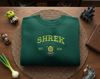 Shrek Est 2001 Embroidered Crewneck, Dreamworks Movie Fan Apparel, Retro 2000s Nostalgia Swamp Ogre Funny Gift Sweatshirt Hoodie Top