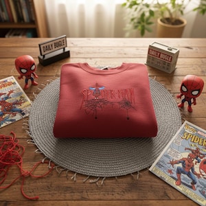 Retro Spider-Man Embroidered Sweatshirt, Vintage Marvel Web Slinger Crewneck, Daily Bugle Aesthetic Superhero Gift, Spidey Fan Pullover