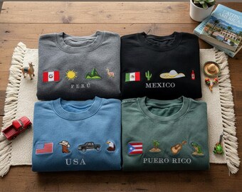 Country Pride Embroidered Crewneck, Peru Mexico USA Puerto Rico Travel Sweatshirt, Custom National Flag Icon Apparel, Wanderlust Gift Top