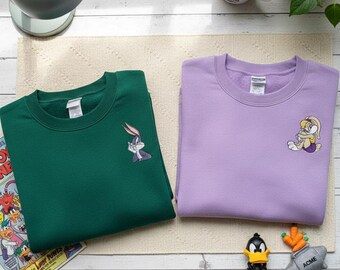 Bugs and Lola Bunny Matching Couple Embroidered Shirt, Looney Tunes Cartoon Apparel, 90s Nostalgia Space Jam Fan Valentine Couple Gift