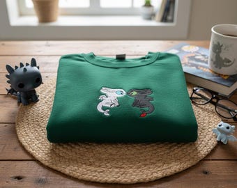 Toothless and Light Fury Embroidered Crewneck, How to Train Your Dragon Apparel, Night Fury Dragon Movie Fan Valentine Anniversary Gift Top