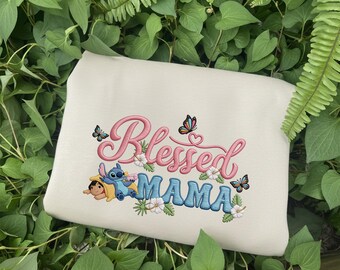 Disney Stitch Lilo Blessed Mama Embroidered Crewneck, Hibiscus Floral Apparel, Disney Trip 2026 Movie Fan Ohana Motherhood Gift Sweatshirt