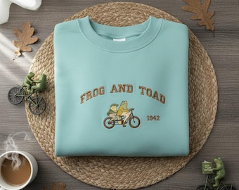 Frog and Toad Together Embroidered Crewneck, Est 1942 Bicycle Tandem Apparel, Bookish Cottagecore Aesthetic Gift, Arnold Lobel Fan Top