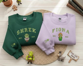 Shrek and Fiona Matching Couple Embroidered Crewneck, Est 2001 Movie Apparel, Initial Heart Sleeve Valentine Anniversary Fan Gift Top
