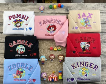 Sudadera bordada con todos los personajes de The Amazing Digital Circus, sudadera con cuello redondo Pomni Jax Ragatha Gangle, jersey Caine Kinger Zooble, regalo para gamers