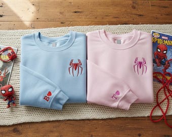 Marvel Spider-Man Matching Couple Embroidered Crewneck, Superhero Initial Heart Sleeve Apparel, Disney Trip 2026 Avengers Campus Valentine