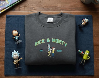 Rick and Morty Est 2002 Embroidered Crewneck, Retro Sci-Fi Cartoon Apparel, Adult Swim Fan Gift, Funny Multiverse Adventure Sweatshirt Top