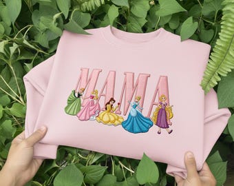 Disney Princess Mama Embroidered Crewneck, Tiana Belle Cinderella Aurora Rapunzel Apparel, Disney Trip 2026 Royal Motherhood Gift Fan Top