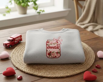 Vintage Floral Coca-Cola Can Embroidered Sweatshirt, Coquette Aesthetic Cherry Coke Bow Crewneck, Retro Soda Fan Gift Pullover