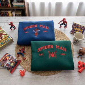 Vintage Spider-Man Est 1962 Embroidered Sweatshirt, Retro Marvel Superhero Logo Crewneck, Spidey Web Slinger Comic Fan Gift Pullover