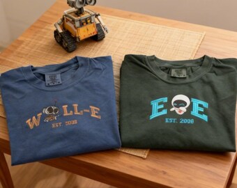 Disney Wall-E and Eve Matching Couple Embroidered T-Shirt, Est 2008 Robot Apparel, Disney Trip 2026 Anniversary Movie Fan Valentine Gift Top