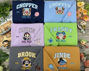 Custom One Piece Anime Character Embroidered Sweatshirt, Chopper Robin Franky Brook Jinbe Shirt, Straw Hat Pirates Pullover, Anime Fan Gift