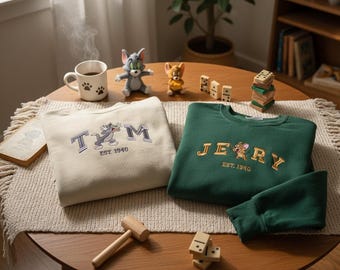Tom and Jerry Matching Couple Embroidered Crewneck, Est 1940 Classic Cartoon Apparel, Retro 90s Nostalgia Fan Valentine Anniversary Gift Top