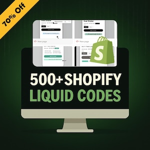 May include: A computer monitor shows a Shopify website interface with a green shopping bag icon. The screen displays the text "500+ SHOPIFY LIQUID CODES" in white. A yellow banner in the corner reads "70% Off".