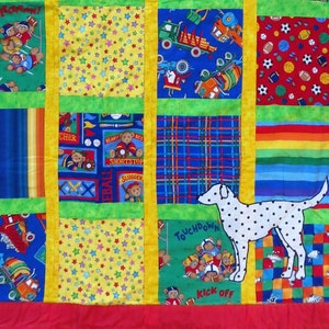 Fireman Quilt with Dalmation Dog, Vintage Boy&#39;s Patchwork Quilt, Bright Colors, Teddy Bears, Sports Tractors