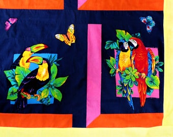 Tropical Birds Wall Quilt Tablecloth, Macaws Toucans Applique Patchwork, Navy Blue Bright Colors, Parrots Butterflies, 29 x 35 inches