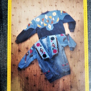 May include: A pattern for a denim cardigan jacket with a geometric design. The pattern is called "Junk-Jeans Cardigan Jacket" and is copyright 1995 CB Nickels.