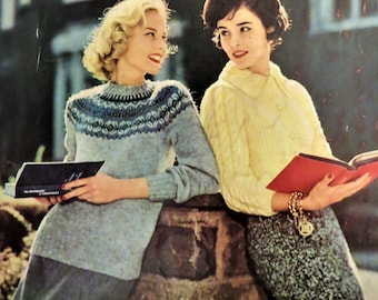 Vintage 50s Sweater Knitting Pattern Book, Bernat School College Look, Book 67, 43 Projects, 68 pages