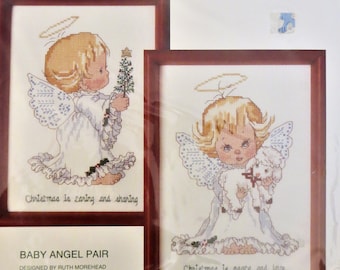 Baby Angel Pair Christmas Counted Cross Stitch Kit, Sunset 18313, Makes 2 Angels, 5" x 7" each, 1990 Dimensions, New in Package,